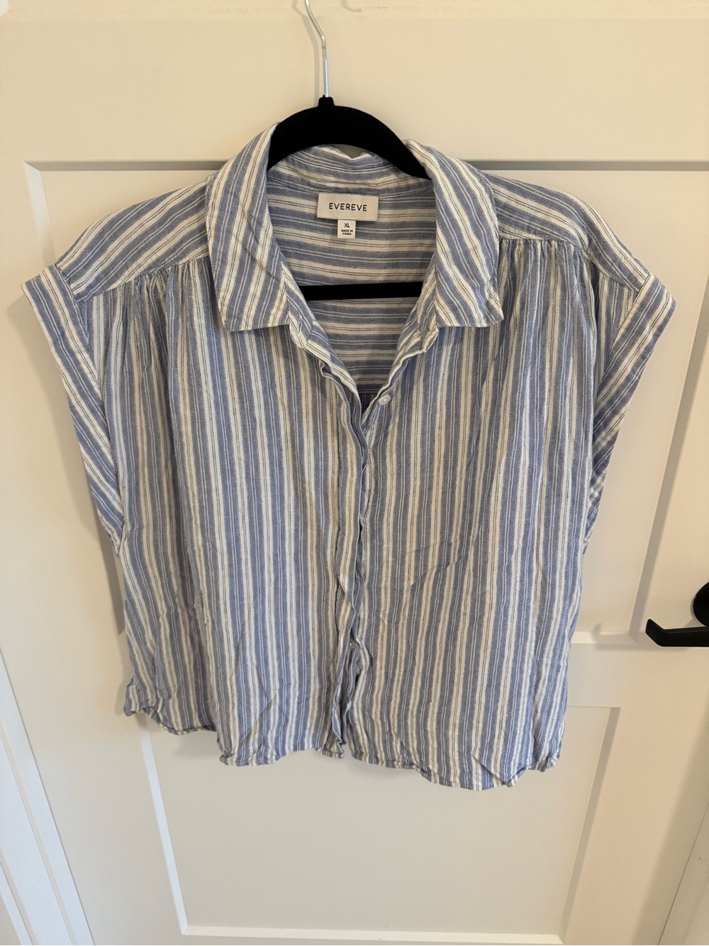 EVEREVE Blue White Stripe Linen Blend Button Front Top XL Coastal